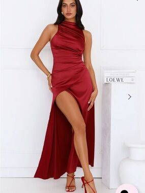 Hello Molly Burgundy Satin High-Low Halter Evening Gown
